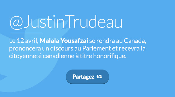@JUSTINTRUDEAU:

    Le 12 avril, Malala Yousafzai se rendra au Canada, prononcera un discours au Parlement et recevra la citoyenneté canadienne à titre honoraire.
    Partagez : 
