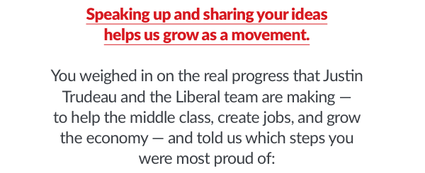 Speaking up and sharing your ideas helps us grow as a movement.
  
  You weighed in on the real progress that Justin Trudeau and the Liberal team are making -- to help the middle class, create jobs, and grow the economy -- and told us which steps you were most proud of:
  
